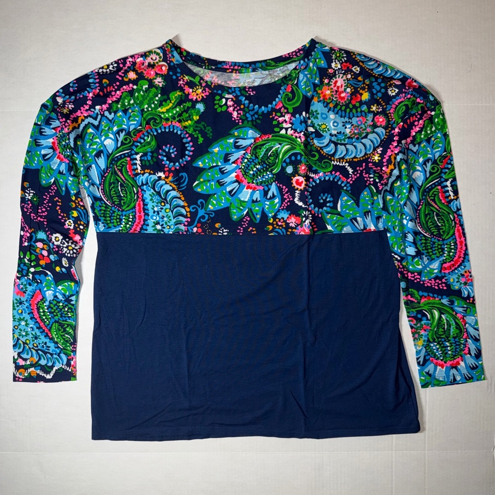 Lilly Pulitzer Navy and Multicolor Paisley Long Sleeve Top